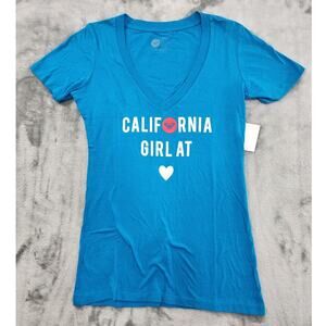 NEW Roxy Top Womens S Blue California Girl at Heart Deep V-Neck Short Sleeve Tee